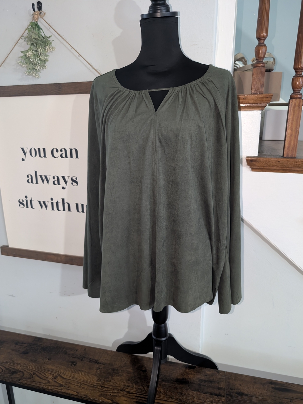 Women’s Olive Green Long-Sleeve Keyhole Top